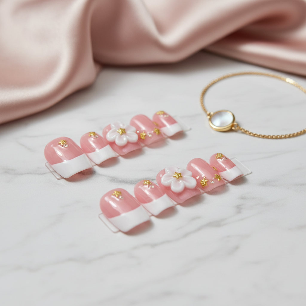 Beautiful pink press-on nails with floral design in elegant setting