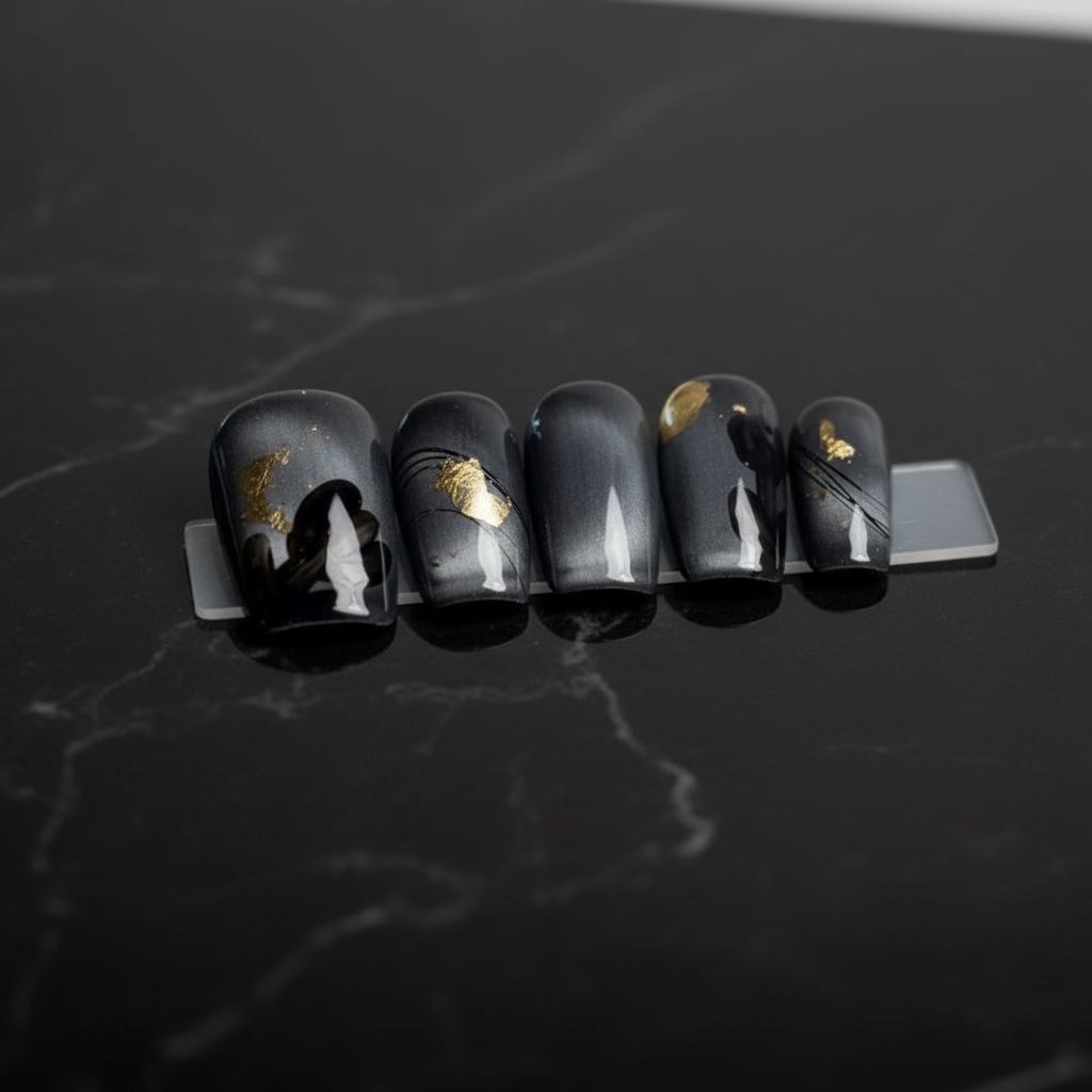 Black Marble & Gold Foil Press-On Nails