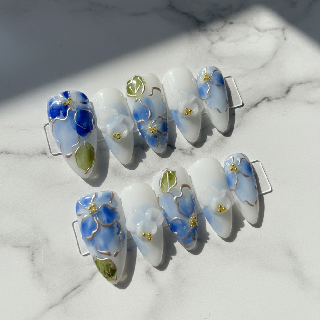 Blue Floral Coffin Press-On Nails