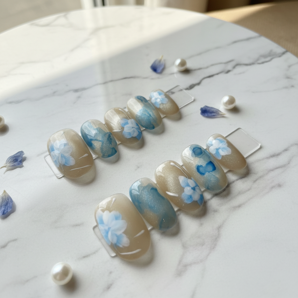 Blue Floral Press-On Nails