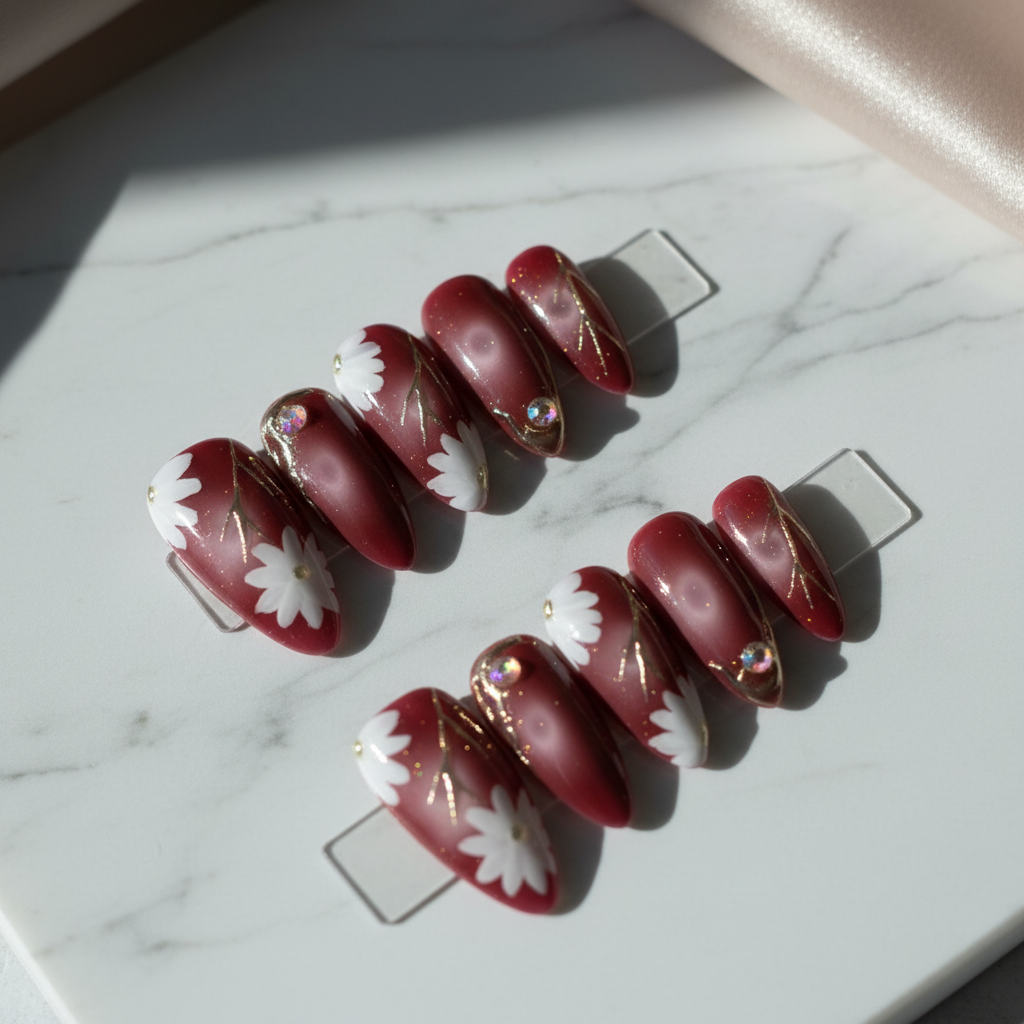 Burgundy Magnolia Press-On Nails