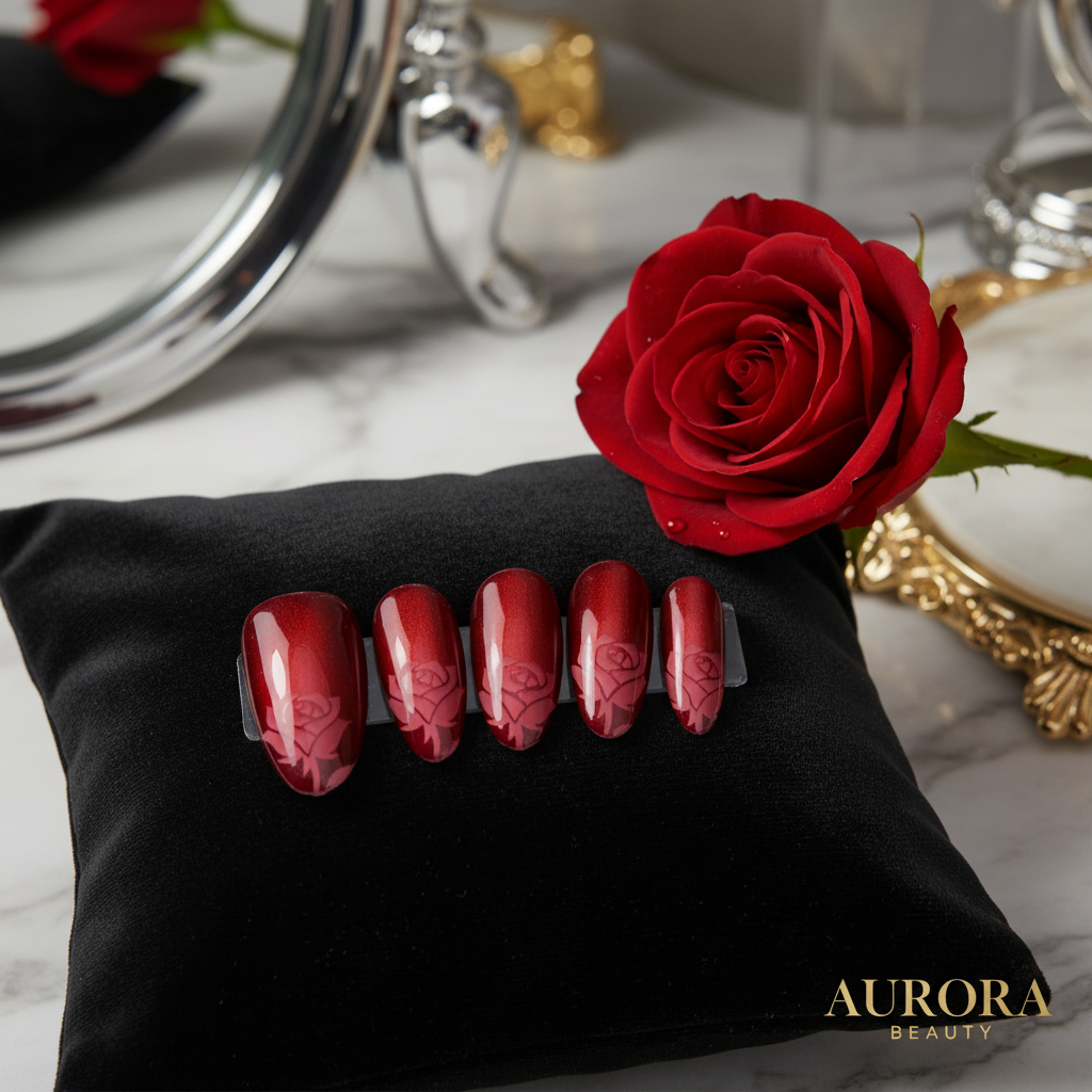 Deep Red Rose Embossed Press-On Nails Product Image
