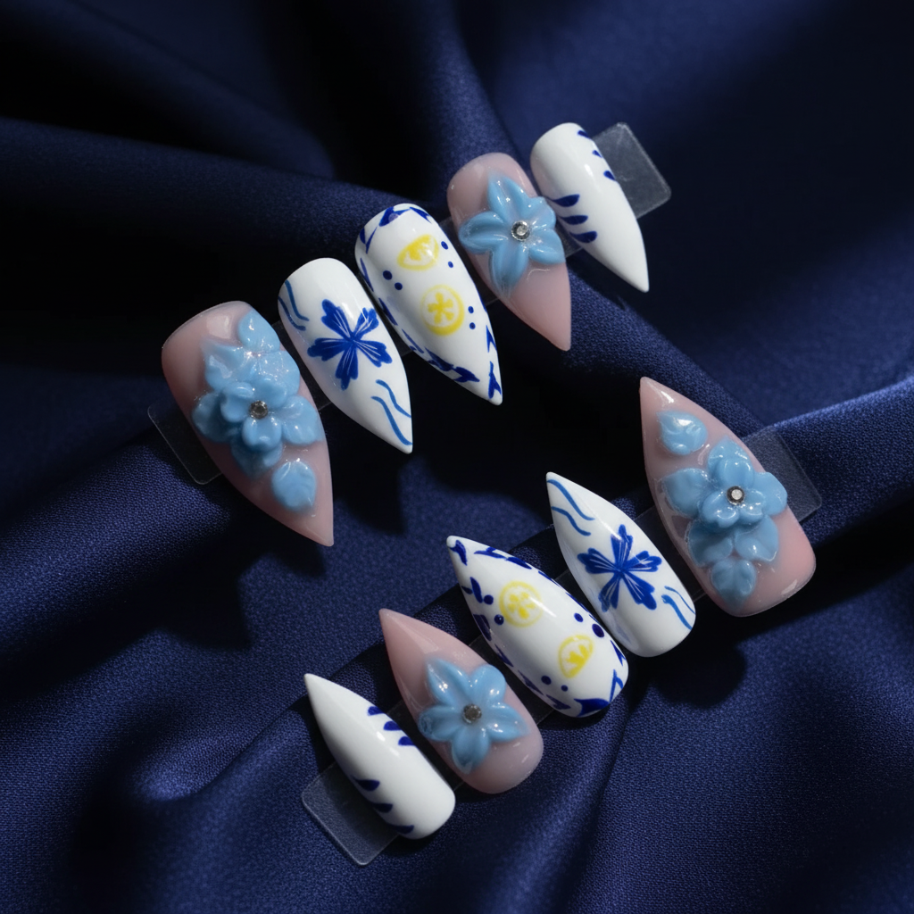 Luxury Blue Botanical Press-On Nails Editorial
