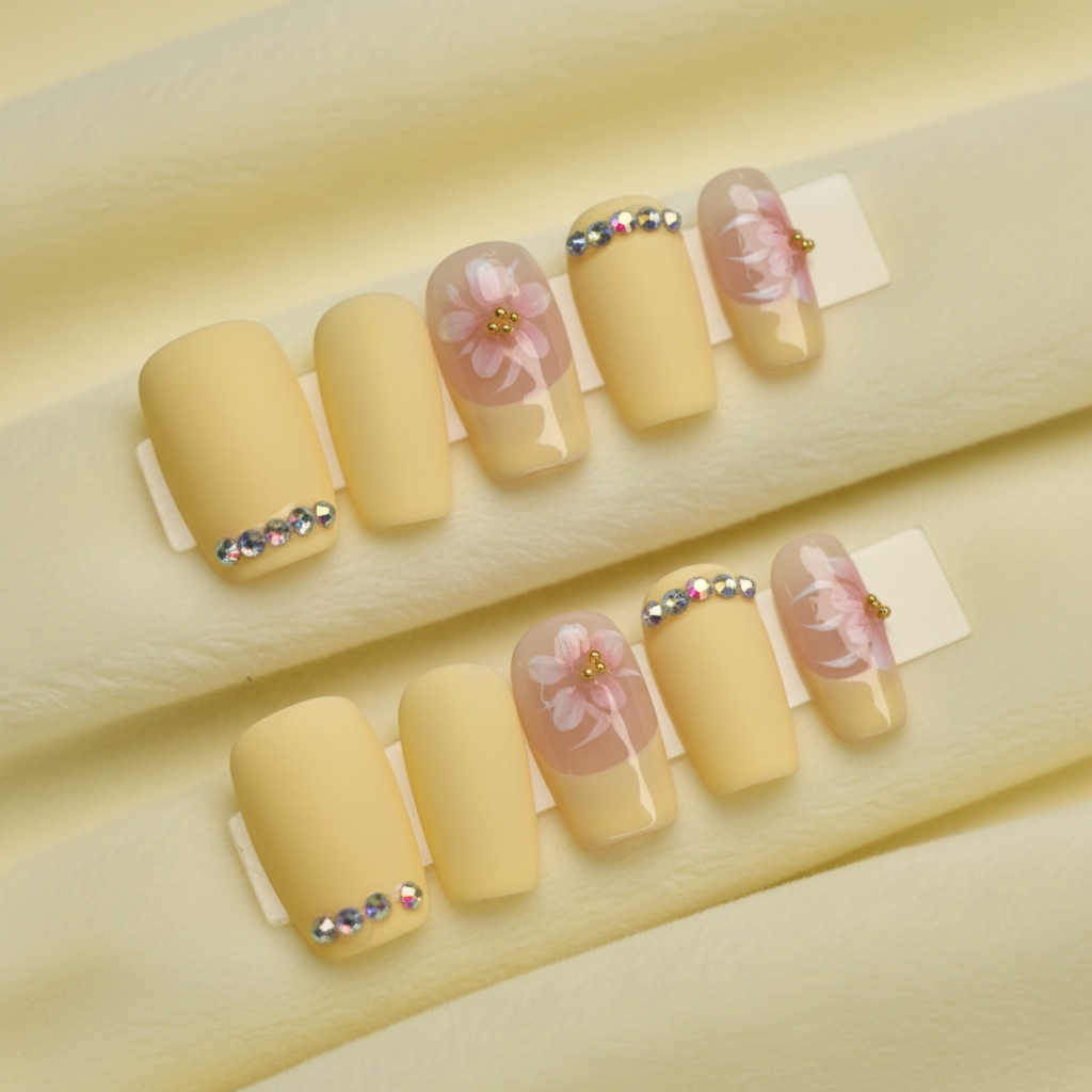 Matte Butter Yellow 3D Floral Press-On Nails