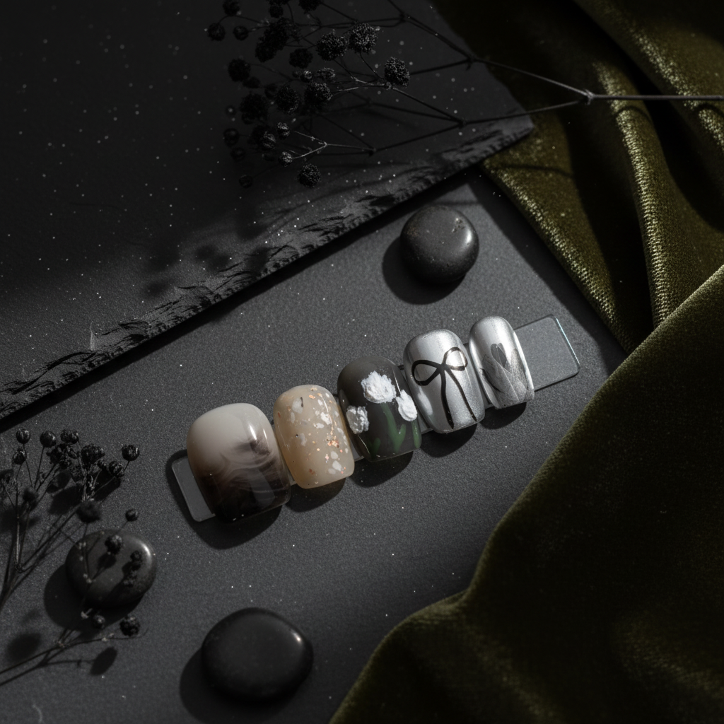 Moody Dark Bow Tulip Press-On Nails Product Image