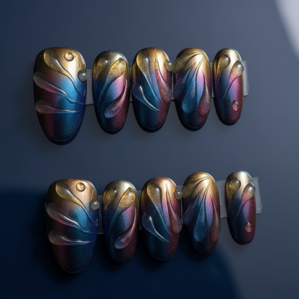 Multi-Chrome Aurora Cat-Eye Swirl Press-On Nails