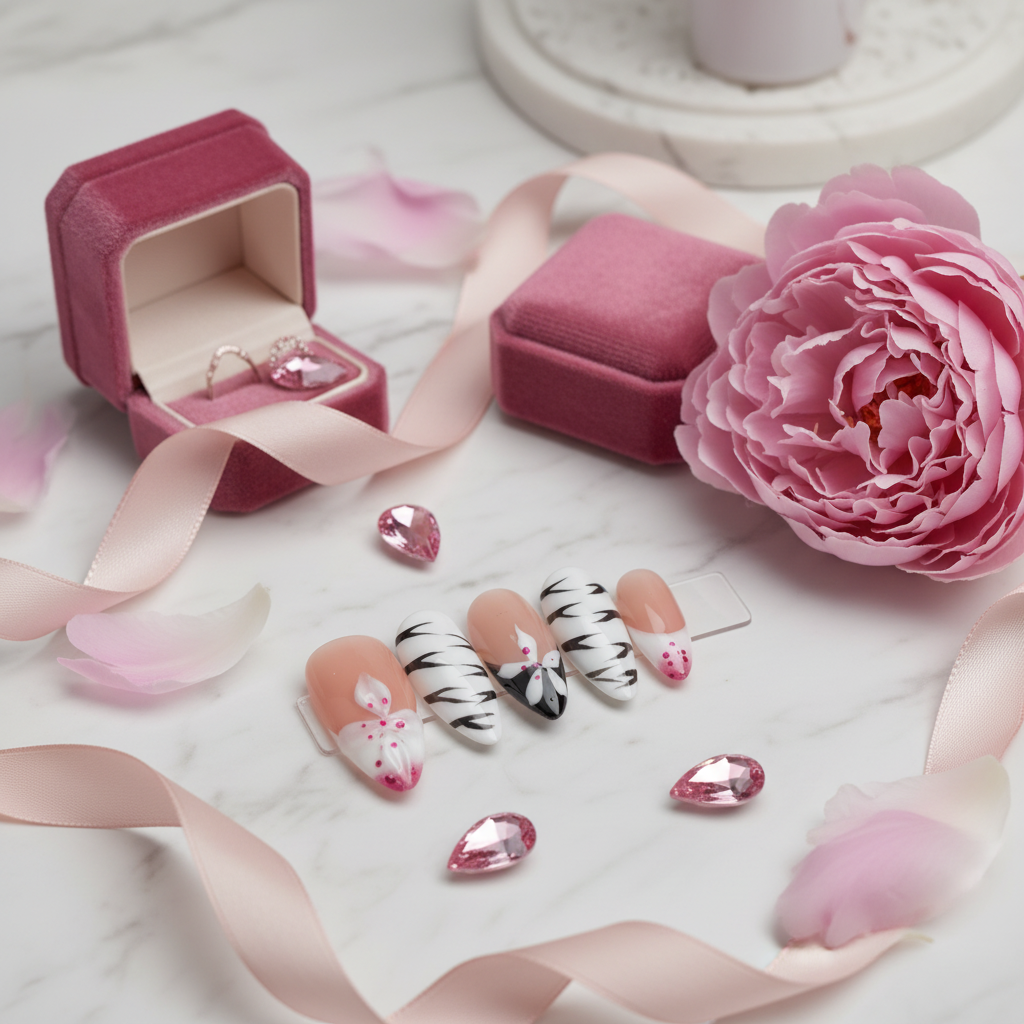 Nude Zebra Print Floral Press-On Nails Product Image