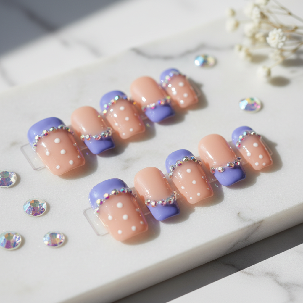 Purple French Tip Crystal Press-On Nails