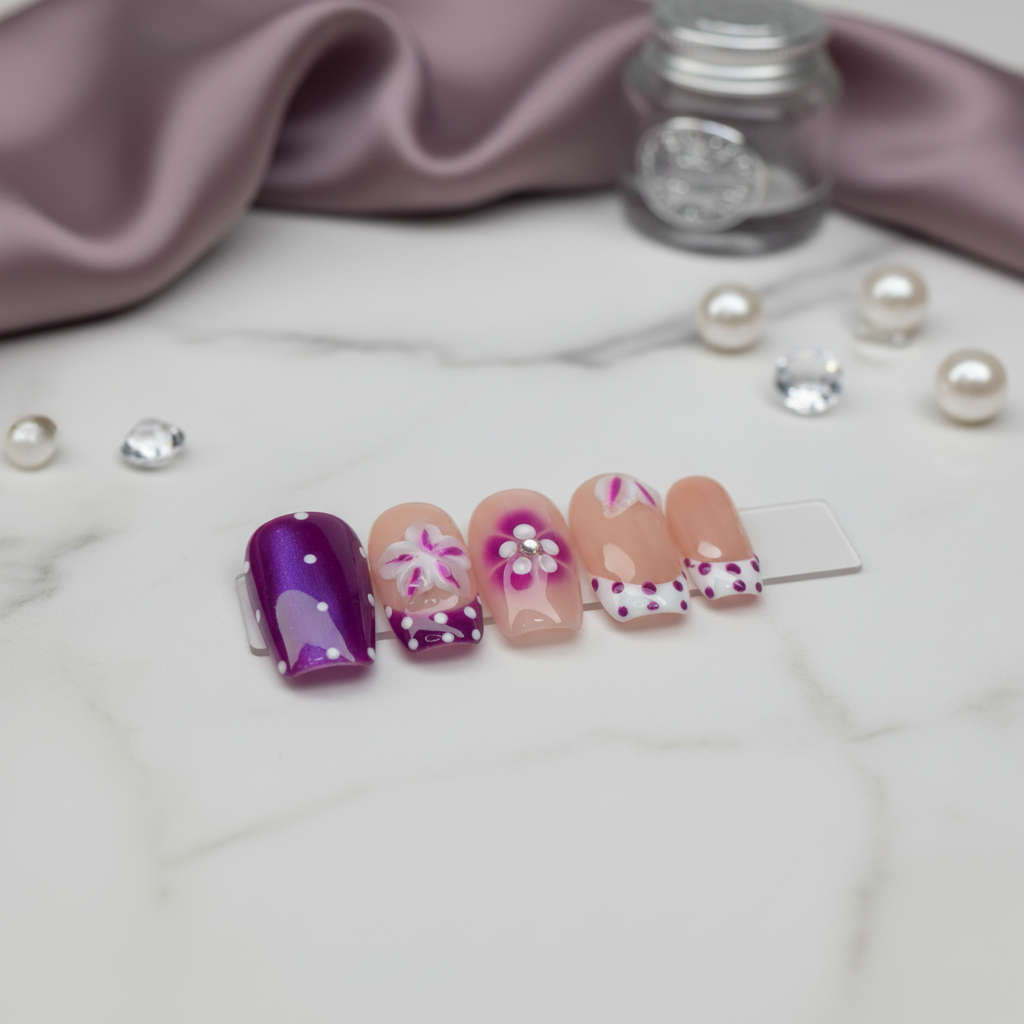 Purple Polka Dot Floral Press-On Nails Product Image