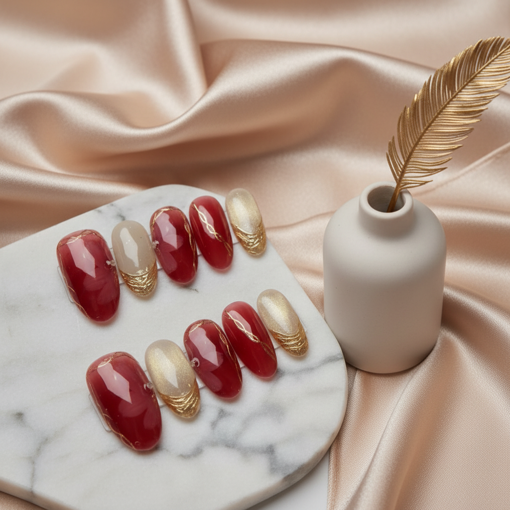 Red and Gold Foil Press-On Nails Elegant Product Image