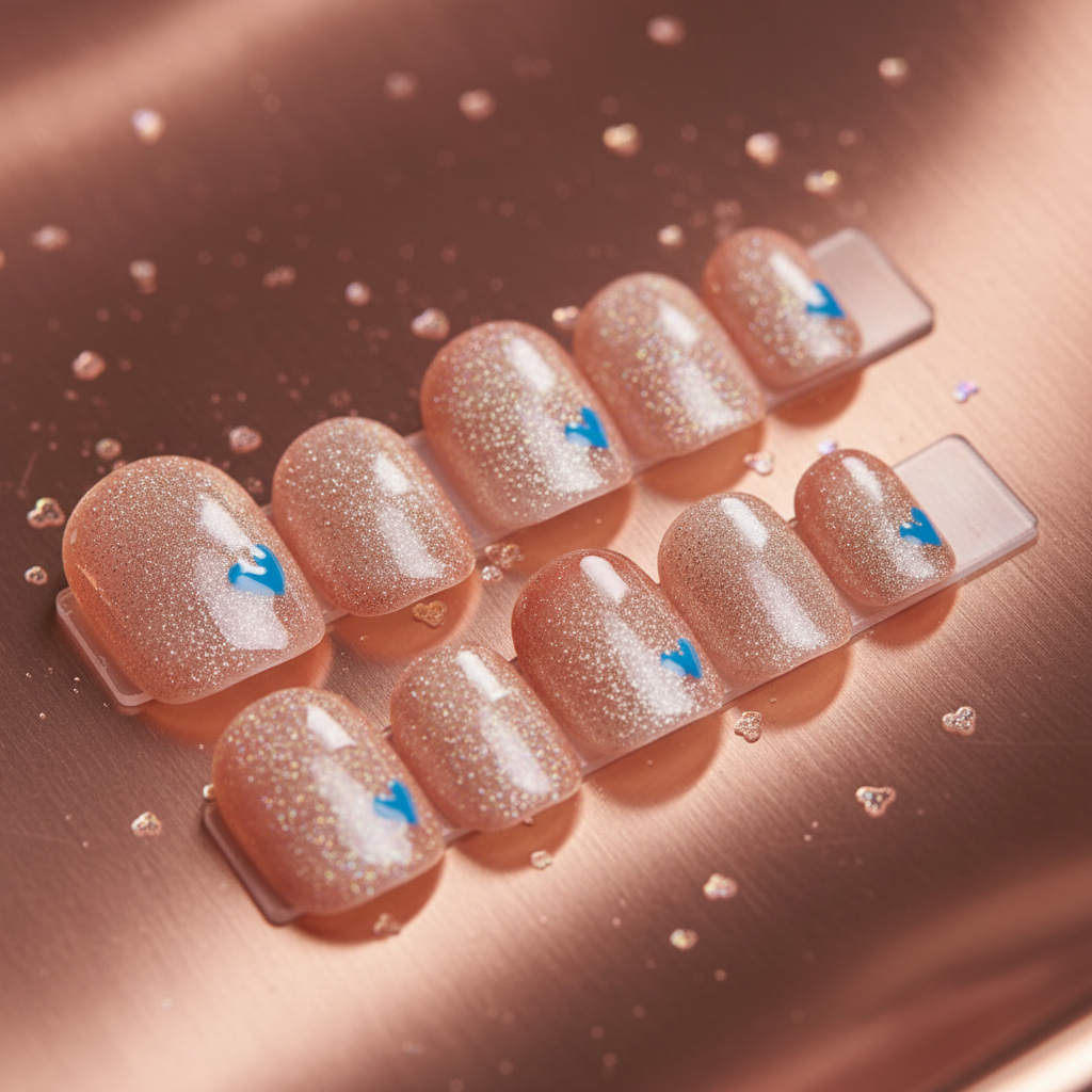 Rose Gold Glitter & Blue Heart Press-On Nails