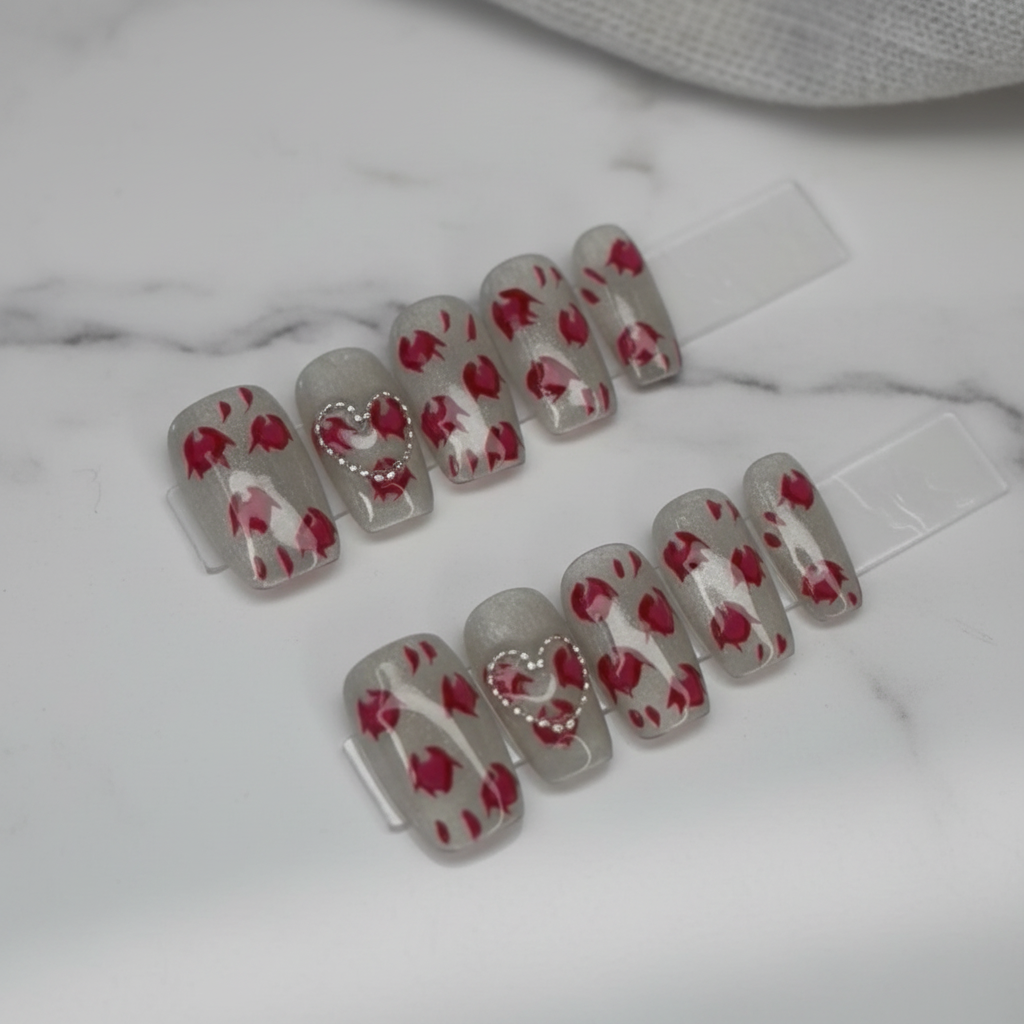 Sheer Grey Red Rose & Rhinestone Heart Press-On Nails
