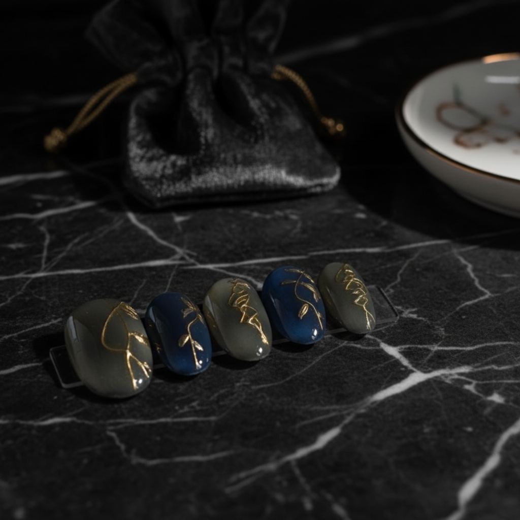 Smoky Blue & Gold Wire Art Press-On Nails