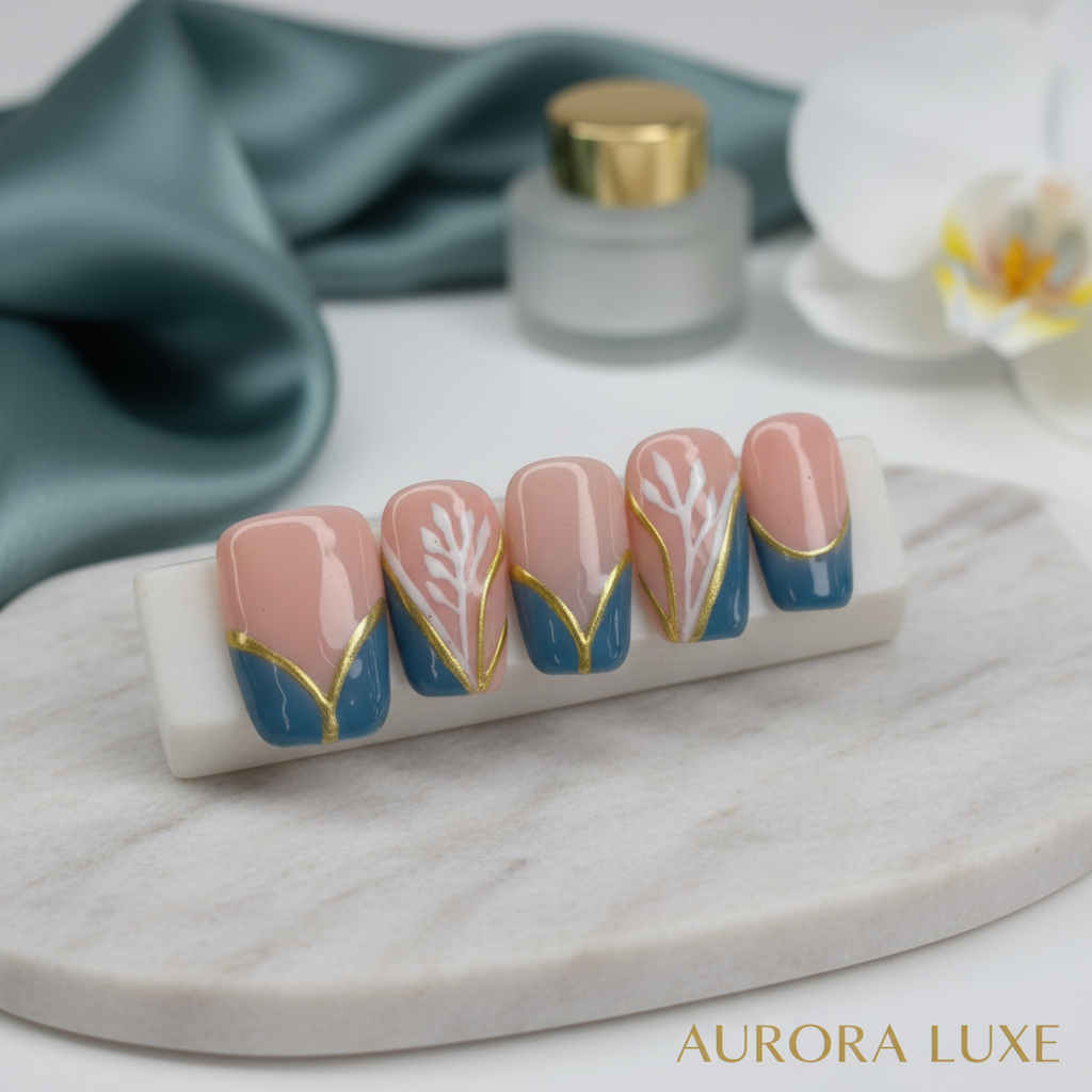 Teal Blue Gold Botanical Press-On Nails Product Image